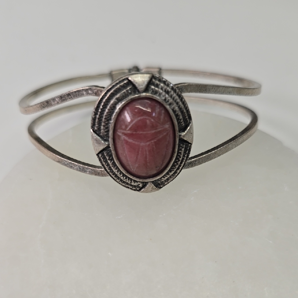 Silver Colored Clamper Cuff Bracelet with Pink Stone
